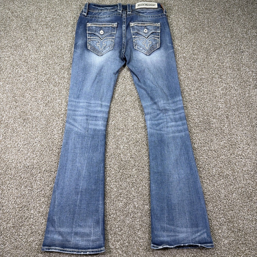 Women's Low Rise Bootcut Flare Rock Revival Blue Jeans Size 26 (28x31) Stretch